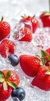 Fresh strawberries and blueberries resting on ice for a vibrant summer fruit display photo