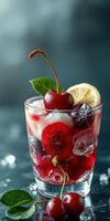 Refreshing summer drink with cherries and lemon slices garnished on ice in a glass photo