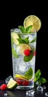 Refreshing mint and raspberry drink served in a tall glass with ice and lime slices photo