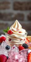 Delicious soft serve dessert topped with fresh raspberries, surrounded by colorful fruit and ice photo