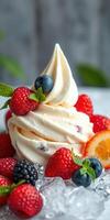 Creamy frozen dessert topped with fresh berries and mint leaves in a bright setting photo