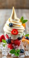 Delicious soft serve ice cream topped with fresh berries and mint on a wooden table photo