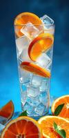 Refreshing citrus drink with orange slices and ice cubes in a tall glass on a bright blue background photo