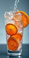 Refreshing citrus drink with ice cubes and orange slices served in a tall glass photo