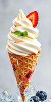 Delicious ice cream cone topped with fresh fruit and mint leaves in a bright setting photo