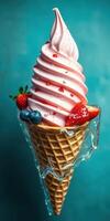 Soft serve ice cream cone topped with fresh strawberries and blueberries on a bright blue background photo