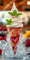 Delicious ice cream cone with whipped cream and fresh strawberries in a vibrant dessert setting photo