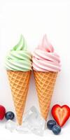 Colorful ice cream cones with fresh berries and hearts on a white background create a festive dessert display full of joy and sweetness photo