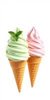 Enjoying colorful ice cream cones with mint and strawberry flavors in warm weather photo