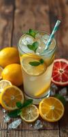 Refreshing citrus drink with mint garnishing on a wooden surface featuring vibrant lemons and grapefruits photo