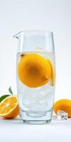 Refreshing citrus drink in a clear pitcher with ice and fresh lemons photo