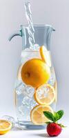 Refreshing pitcher filled with lemon slices and ice cubes, perfect for a summer drink photo