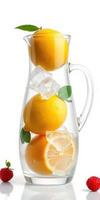 Refreshing pitcher with lemons and ice cubes, garnished with mint leaves and raspberries on a white background photo