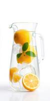 Refreshing lemon water served in a clear pitcher with ice and fresh lemon slices photo