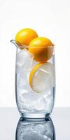 Refreshing lemon and ice water in a clear glass, perfect for hot summer days and hydration photo