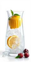 Refreshing lemonade with ice and cherries served in a stylish pitcher during sunny summer days photo