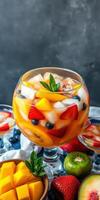 Refreshing fruit punch in a large glass bowl with assorted fruits and ice, showcased on a table setting photo