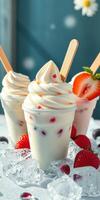 Delicious soft serve ice cream in cups with berries enjoyed on a sunny day photo
