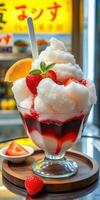 Delicious dessert featuring shaved ice, fresh fruit, and vibrant syrup at a busy cafe in the city photo