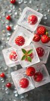 Fresh raspberry ice cubes with mint leaves create a refreshing summer drink atmosphere photo