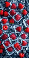 Fresh raspberries on ice cubes arranged in clear containers against a dark rocky background for a vibrant summer treat photo