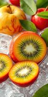 Freshly sliced kiwi fruit showcasing vibrant colors and textures on ice with surrounding fruits photo