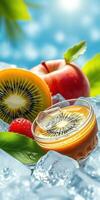 Refreshing fruit dessert with kiwi, apple, and raspberry garnished with ice and leaves in a bright setting photo