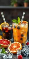 Refreshing summer drinks featuring citrus fruits and mixed berries on ice in a cozy setting photo
