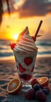 Sunset dessert featuring soft-serve ice cream with fresh strawberries on a beach photo