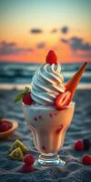 Delicious soft serve ice cream dessert garnished with strawberries and raspberries at sunset on the beach photo