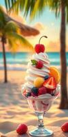 Delicious frozen dessert topped with fresh fruits under palm trees by the beach during sunset photo