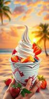 Delicious frozen yogurt topped with fresh strawberries and tropical fruits against a sunset beach backdrop photo