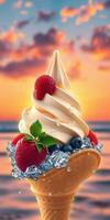 Delicious ice cream cone topped with fresh berries against a colorful sunset background by the beach photo