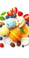 Colorful ice cream scoops with fresh fruit and nuts displayed on a white background during a warm summer day photo