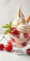 Delicious dessert featuring soft serve ice cream and fresh cherries in a glass bowl served with a spoon photo
