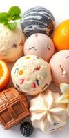 Delicious ice cream scoops with fresh fruits and sweet treats present a vibrant dessert display photo
