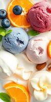 Colorful ice cream scoops served with fresh fruits and nuts on a white plate for a delightful summer treat photo