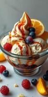 Delicious dessert bowl with ice cream, fresh berries, and caramel drizzle ready to be enjoyed photo