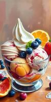 Colorful ice cream sundae with fresh fruits served in a glass bowl on a wooden table photo