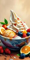 Delicious dessert bowl filled with creamy soft serve, fresh fruits, and syrup display at a bright kitchen countertop photo