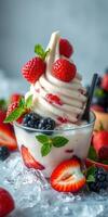 Creamy frozen dessert topped with fresh raspberries and strawberries on a cool backdrop photo