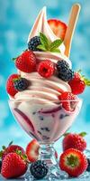 Decadent frozen dessert topped with fresh strawberries and blackberries in a clear glass cup photo