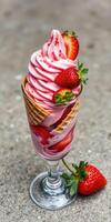 Delicious strawberry swirl ice cream served in a waffle cone glass with fresh strawberries photo