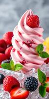 Indulgent raspberry swirl frozen dessert topped with fresh berries and mint leaves on a bed of ice photo