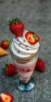 Delicious dessert featuring whipped cream, strawberries, and a cone garnished with chocolate sprinkles in a glass sundae photo