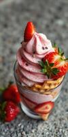 Delicious strawberry soft serve ice cream served in a waffle cone with fresh strawberry pieces photo