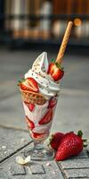 Delicious strawberry sundae served in a glass with fresh strawberries and whipped cream on a sunny day photo