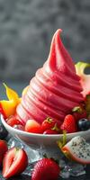 Delicious swirl of pink sorbet topped with fresh fruits served in a white bowl photo