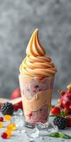 Delicious dessert with swirled creamy topping and mixed fruits in a clear cup displayed on a tabletop photo