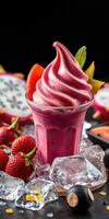 Bright pink soft serve dessert topped with fresh fruits against a dark background photo